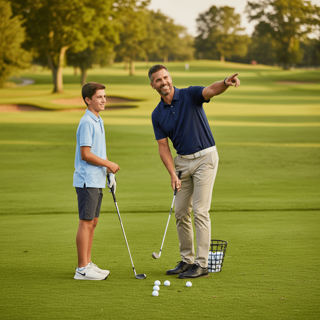 Professional golf instructor providing personalized lesson to junior golfer